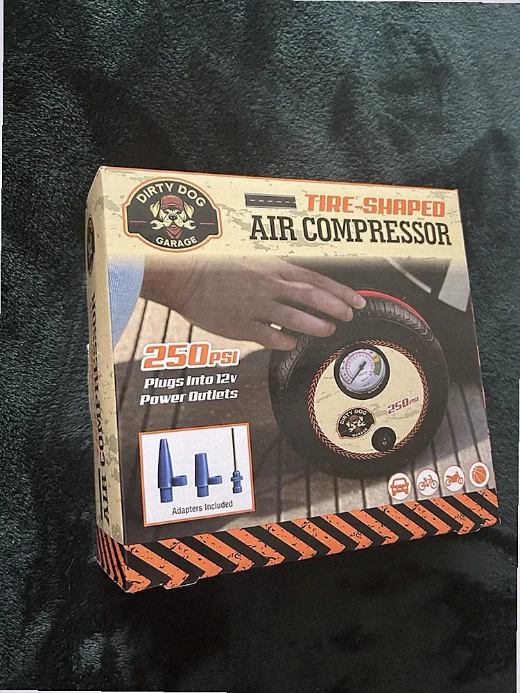 Dirty Dog Garage Tire-Shaped Air Compressor 250 PSI, Portable Travel 12V Plug-In