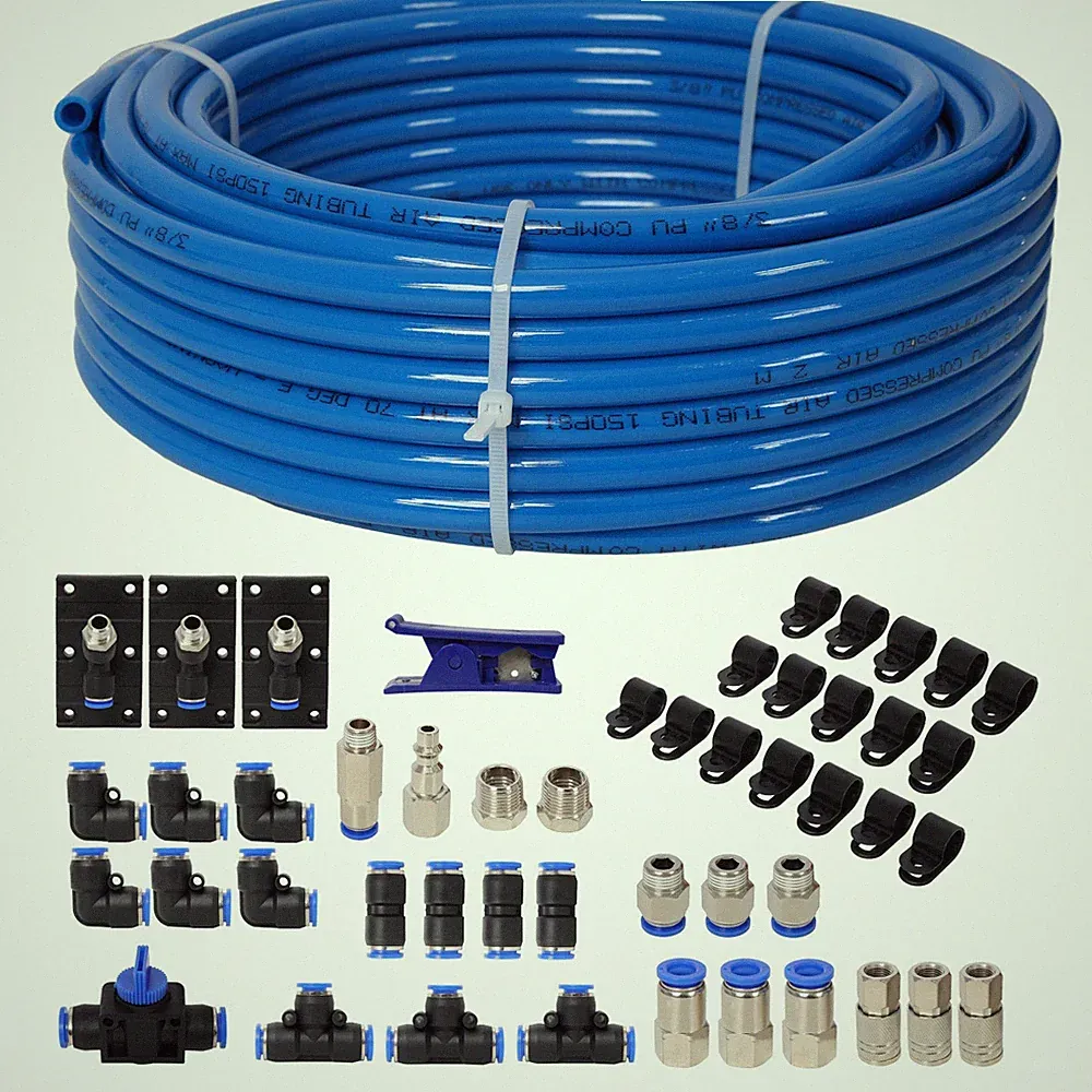 Garage Air Compressor Kit 60ft Blue PU Tubing 3 8 Inch OD