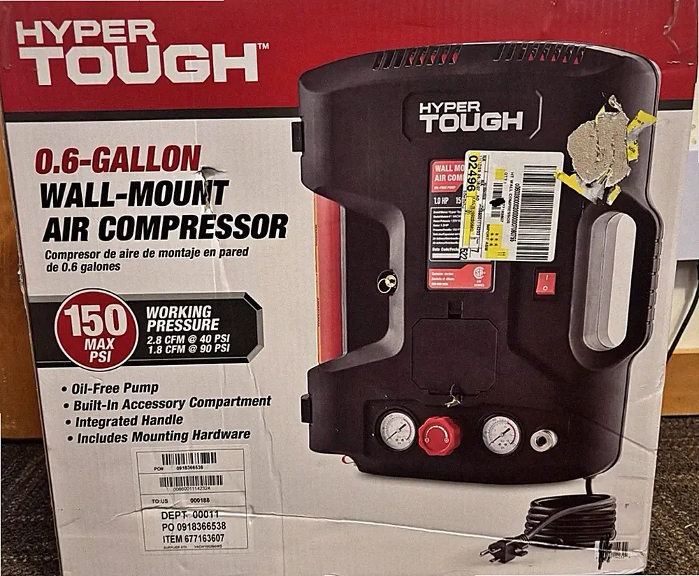 HYPER TOUGH 0.6 Gal Wall-Mount Air Compressor 150 PSI Oil-Free 1.0 HP