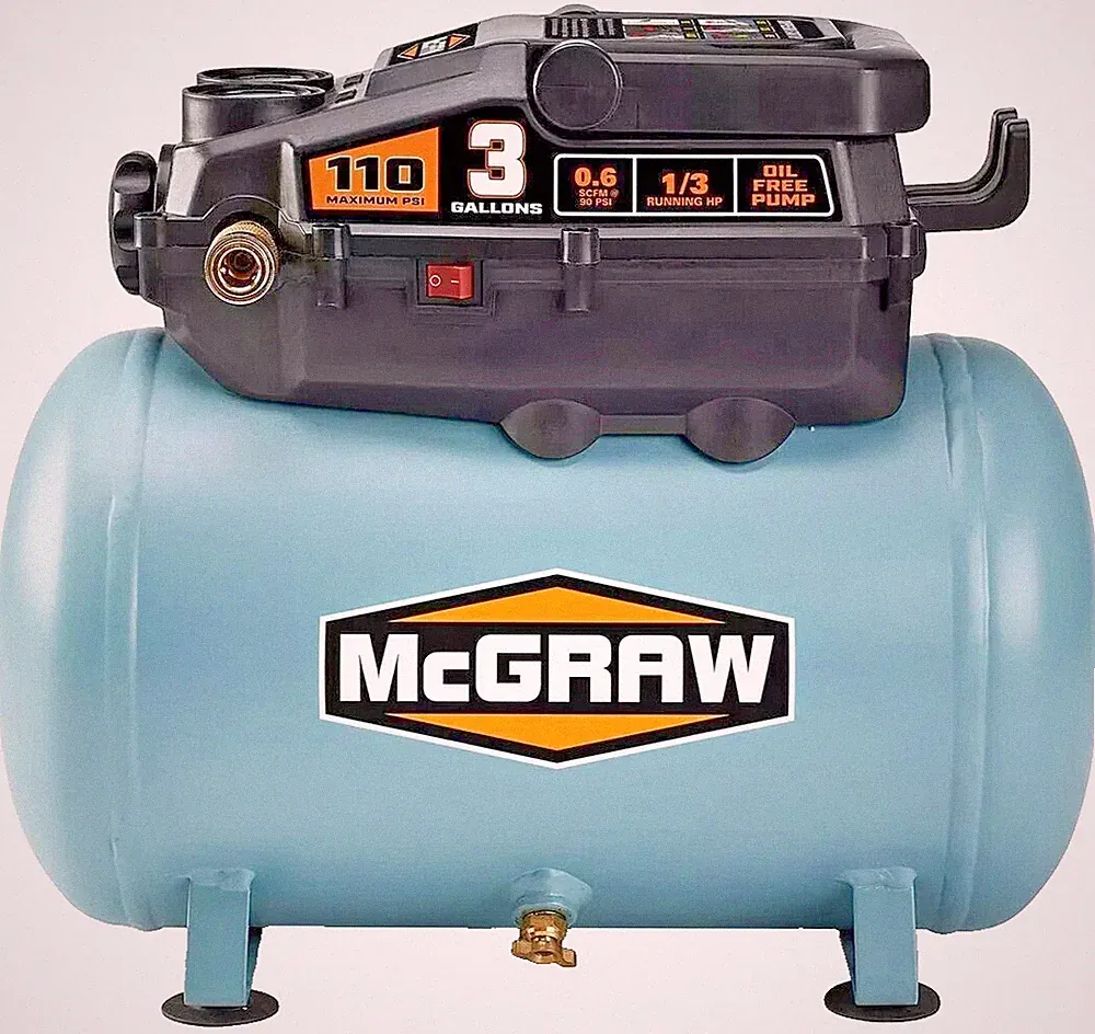 McGraw 3 Gallon Portable Air Compressor 110 PSI Low Profile Oil-Free 120V
